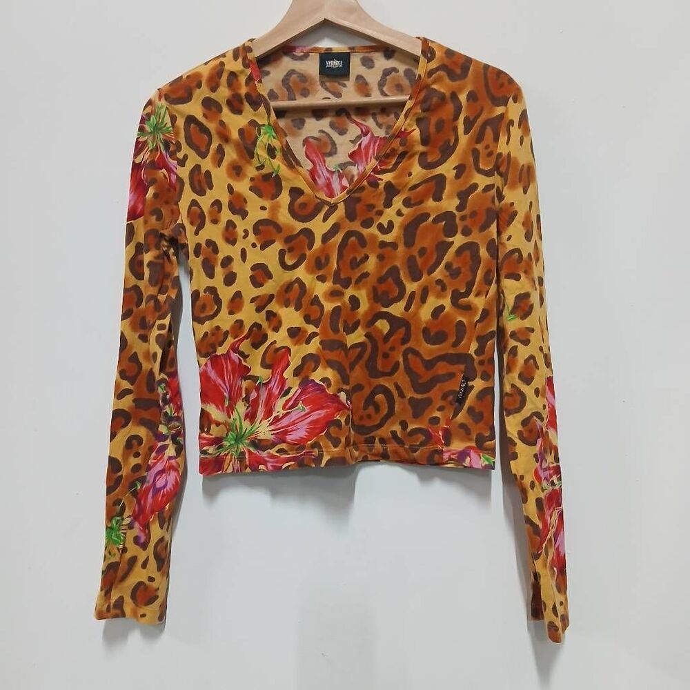 90's Vintage versace couture womens small printed top floral leopard pink brown